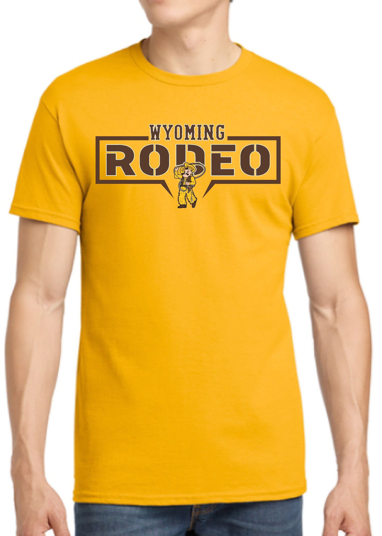Yellow t-shirt with 'Wyoming Rodeo' text and pistol pete graphic rodeoing all center chest and in brown and white