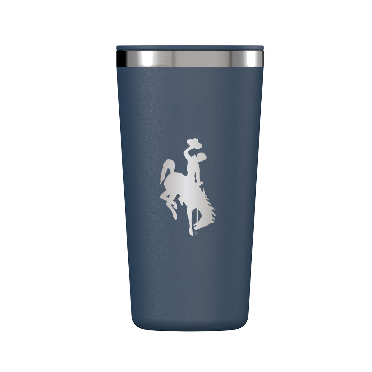 Blue hydro flask tumbler with a etched bucking horse logo pictured on a white background