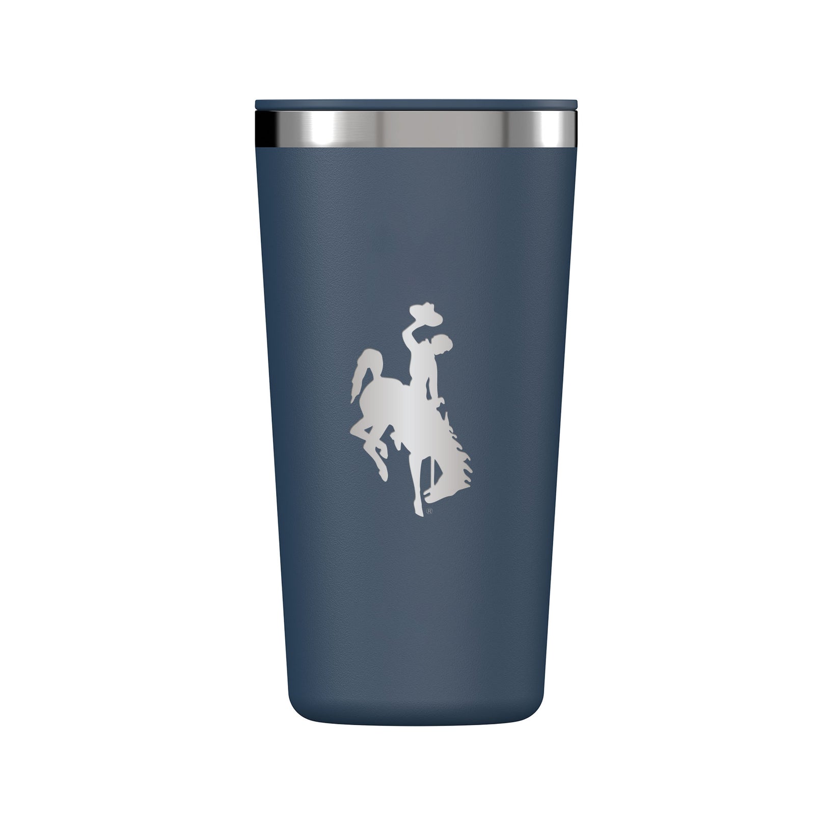 Blue hydro flask tumbler with a etched bucking horse logo pictured on a white background