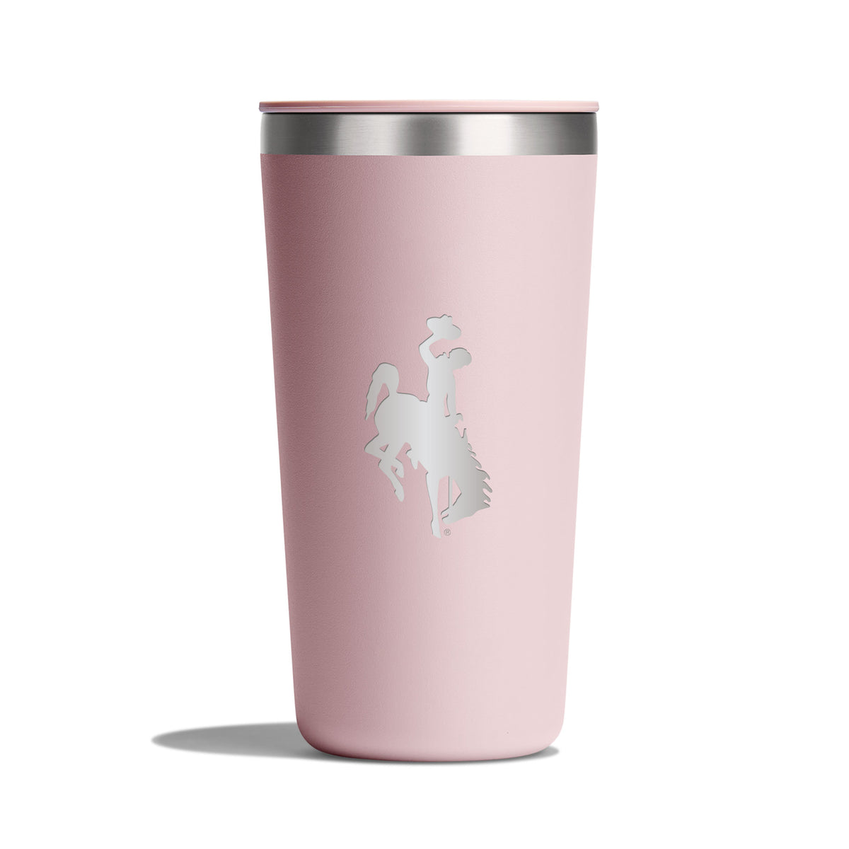 Pink hydro flask tumbler with etched bucking horse on a white background
