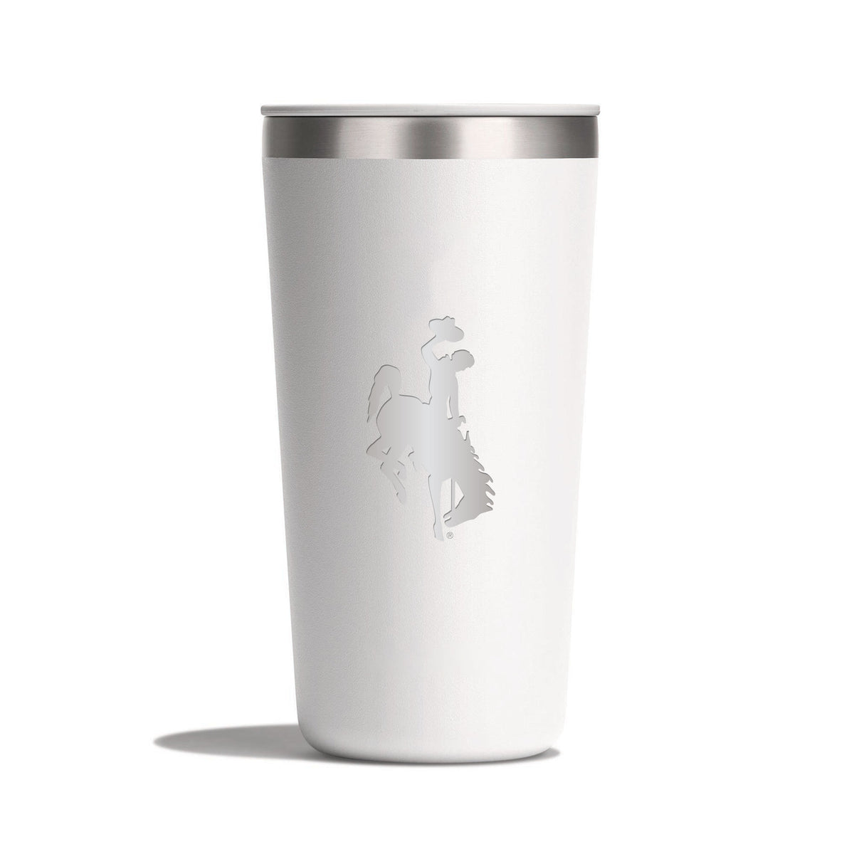 White tumbler with silver rim and bucking horse logo etched all on a white background