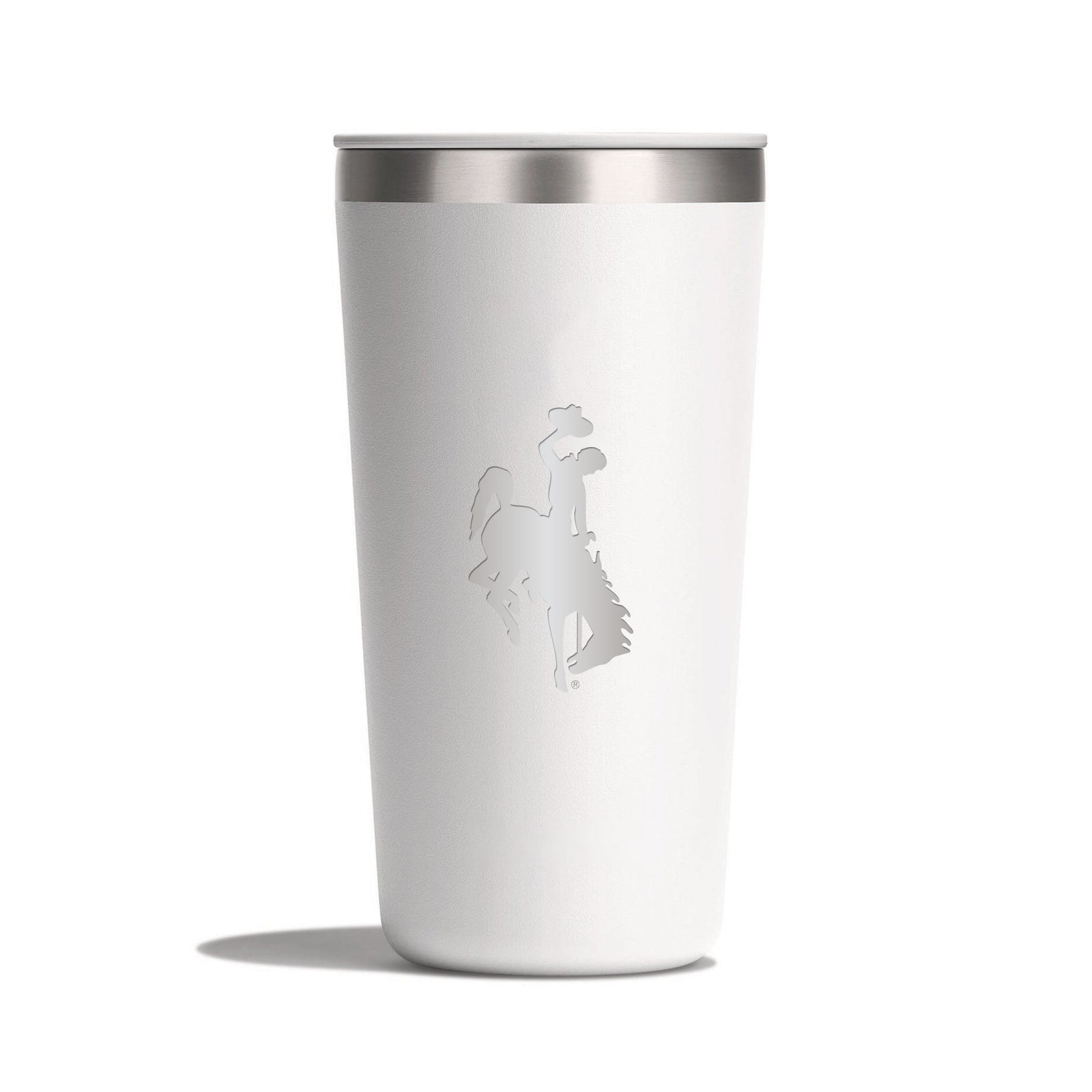 White tumbler with silver rim and bucking horse logo etched all on a white background
