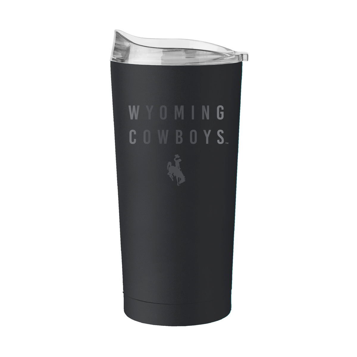 Black tumbler with 'Wyoming Cowboys' tonal text with bucking horse below pictured on a white background