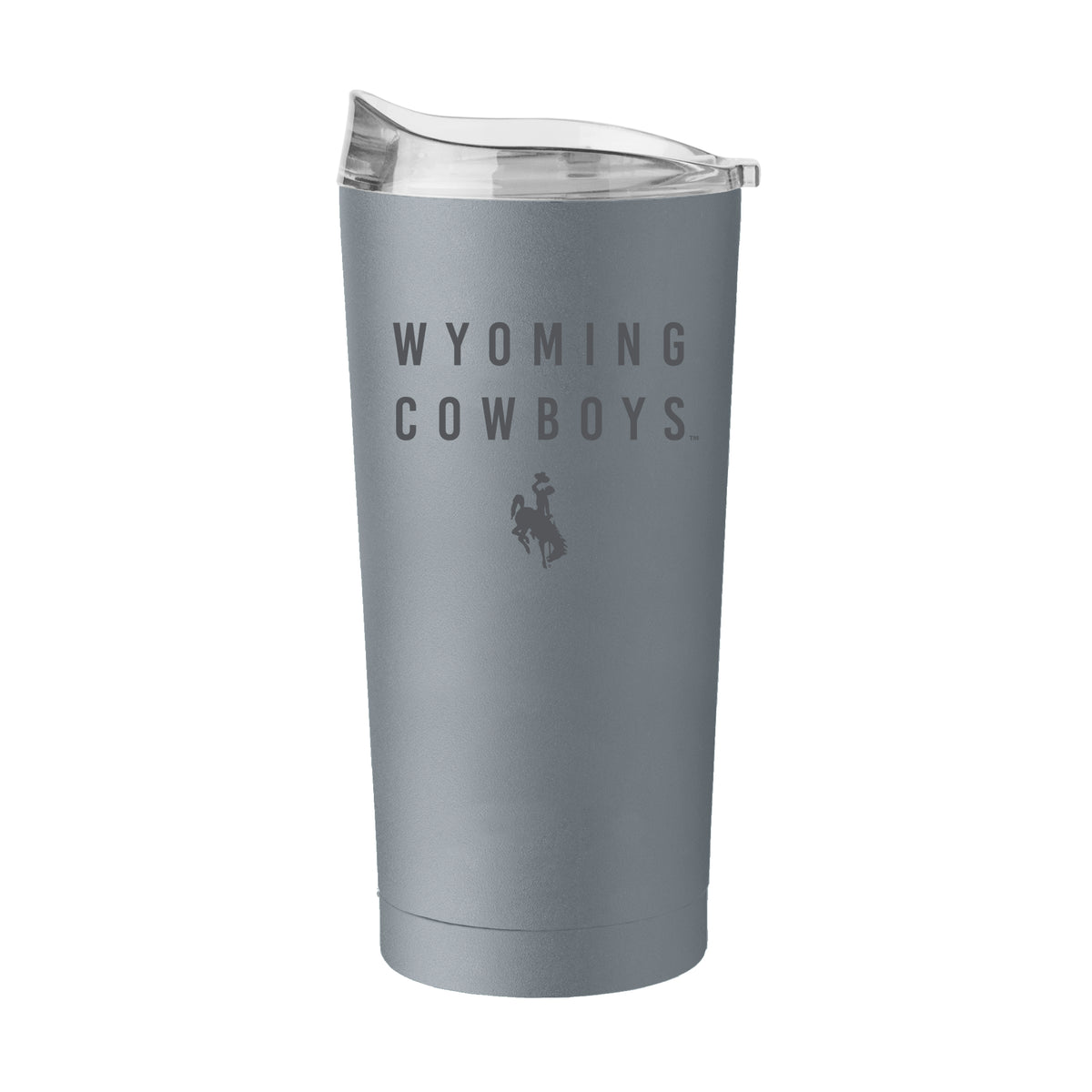 A gray insulated travel tumbler with a clear lid, featuring the text 'WYOMING COWBOYS' and the bucking horse logo printed in dark gray on the front, set against a plain white background.