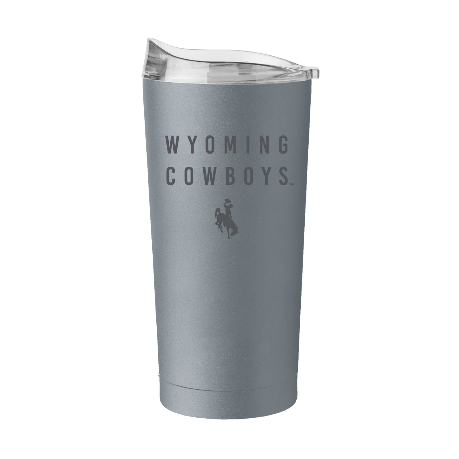 A gray insulated travel tumbler with a clear lid, featuring the text 'WYOMING COWBOYS' and the bucking horse logo printed in dark gray on the front, set against a plain white background.