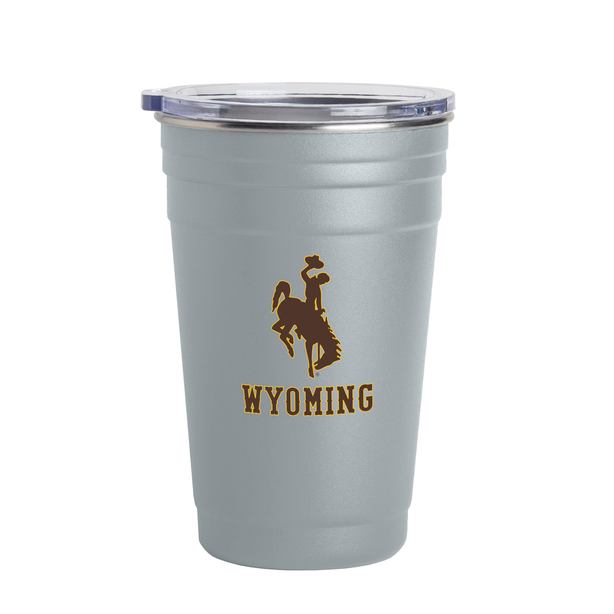 Gray tumbler with 'Wyoming' wording and a bucking horse logo on the side in brown with gold outline on a white background