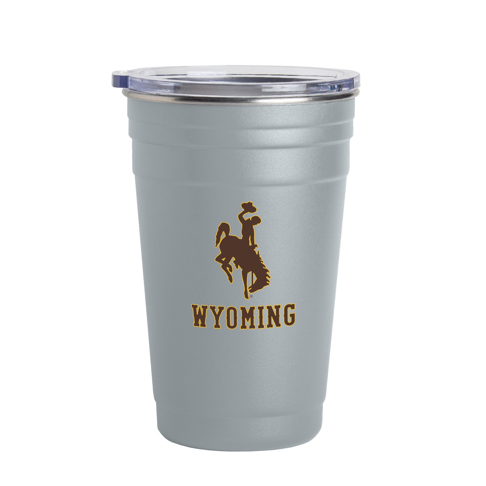 Gray tumbler with 'Wyoming' wording and a bucking horse logo on the side in brown with gold outline on a white background