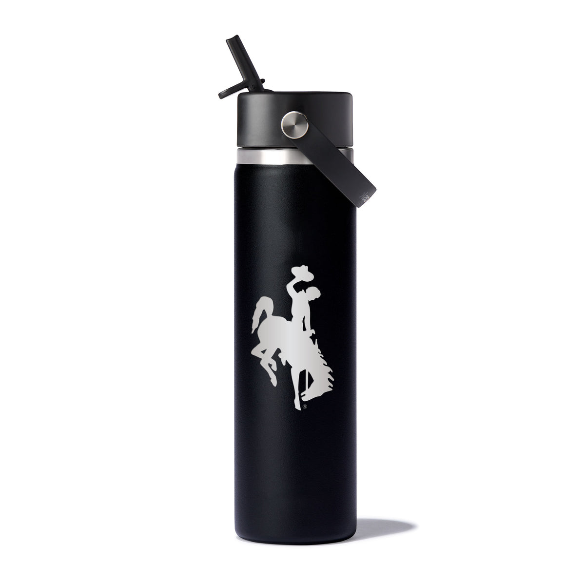 Black hydro flask water bottle with a etched bucking horse logo pictured on a white background