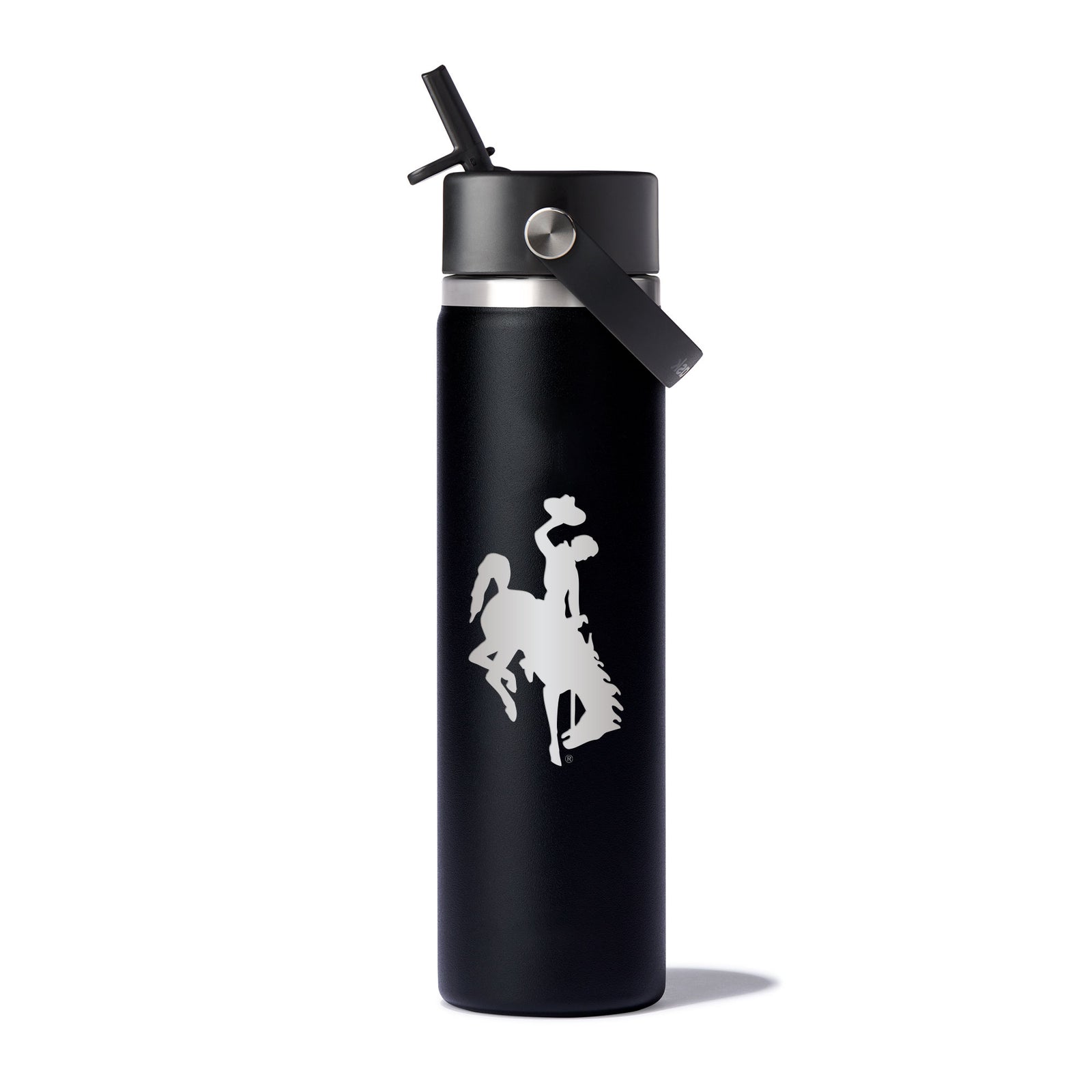 Black hydro flask water bottle with a etched bucking horse logo pictured on a white background