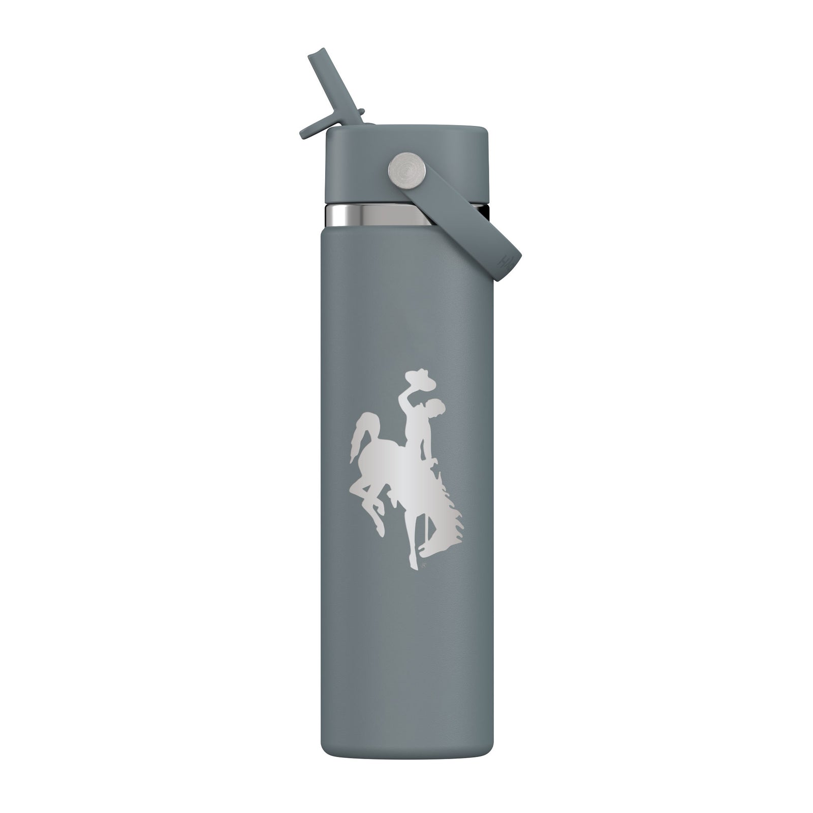 Gray hydro flask water bottle with a etched bucking horse logo on a white background