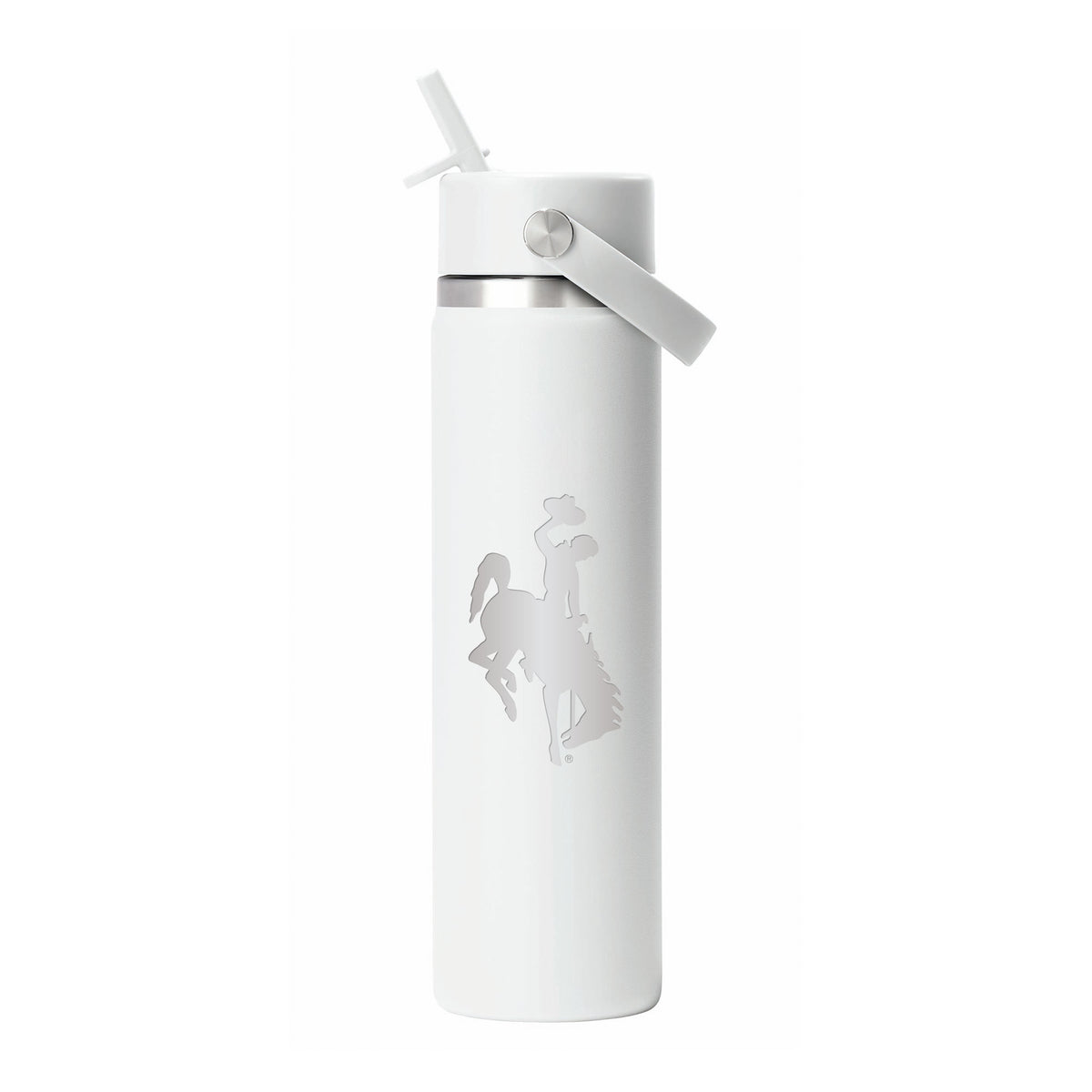 White hydro flask water bottle with a wide mouth lid and an etched bucking horse logo all pictured on a white background
