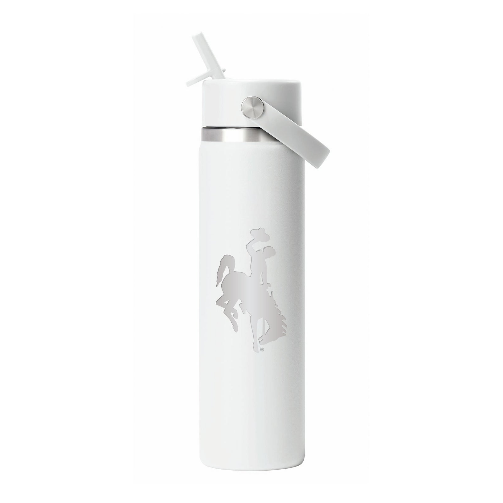White hydro flask water bottle with a wide mouth lid and an etched bucking horse logo all pictured on a white background