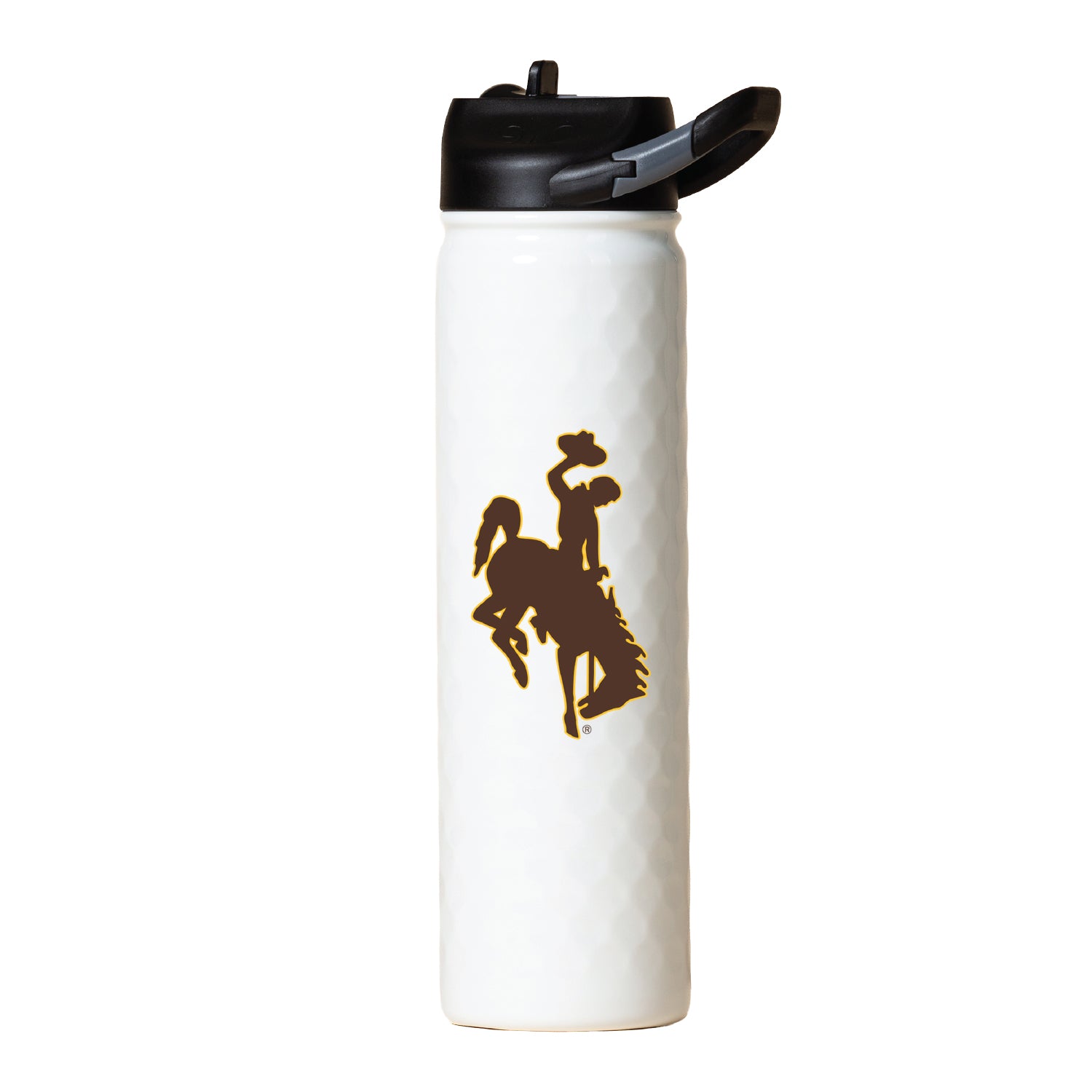 White water bottle with black lid featuring a bucking horse logo on side all on a white background