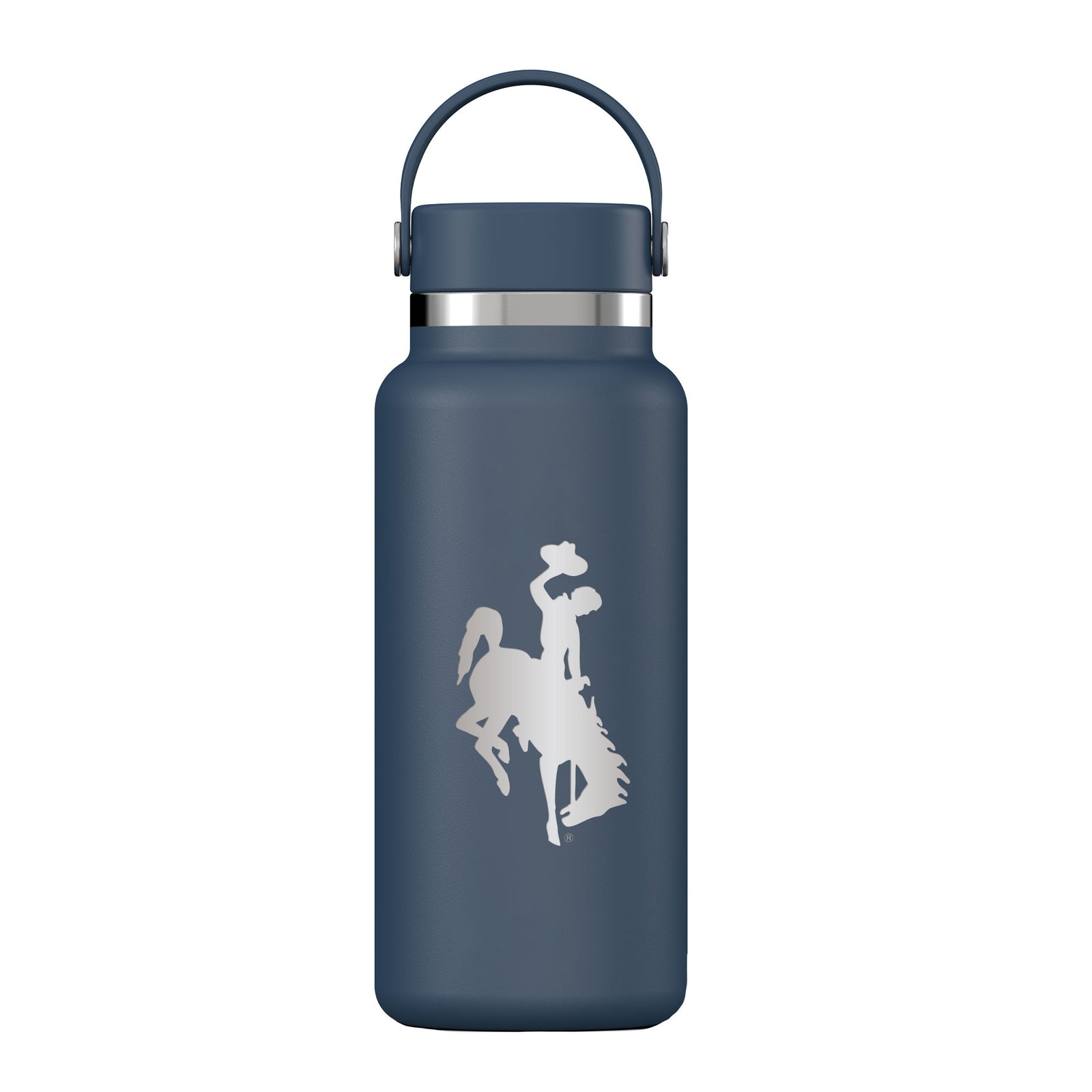 Navy blue water bottle with etched bucking horse with black lid pictured on a white background