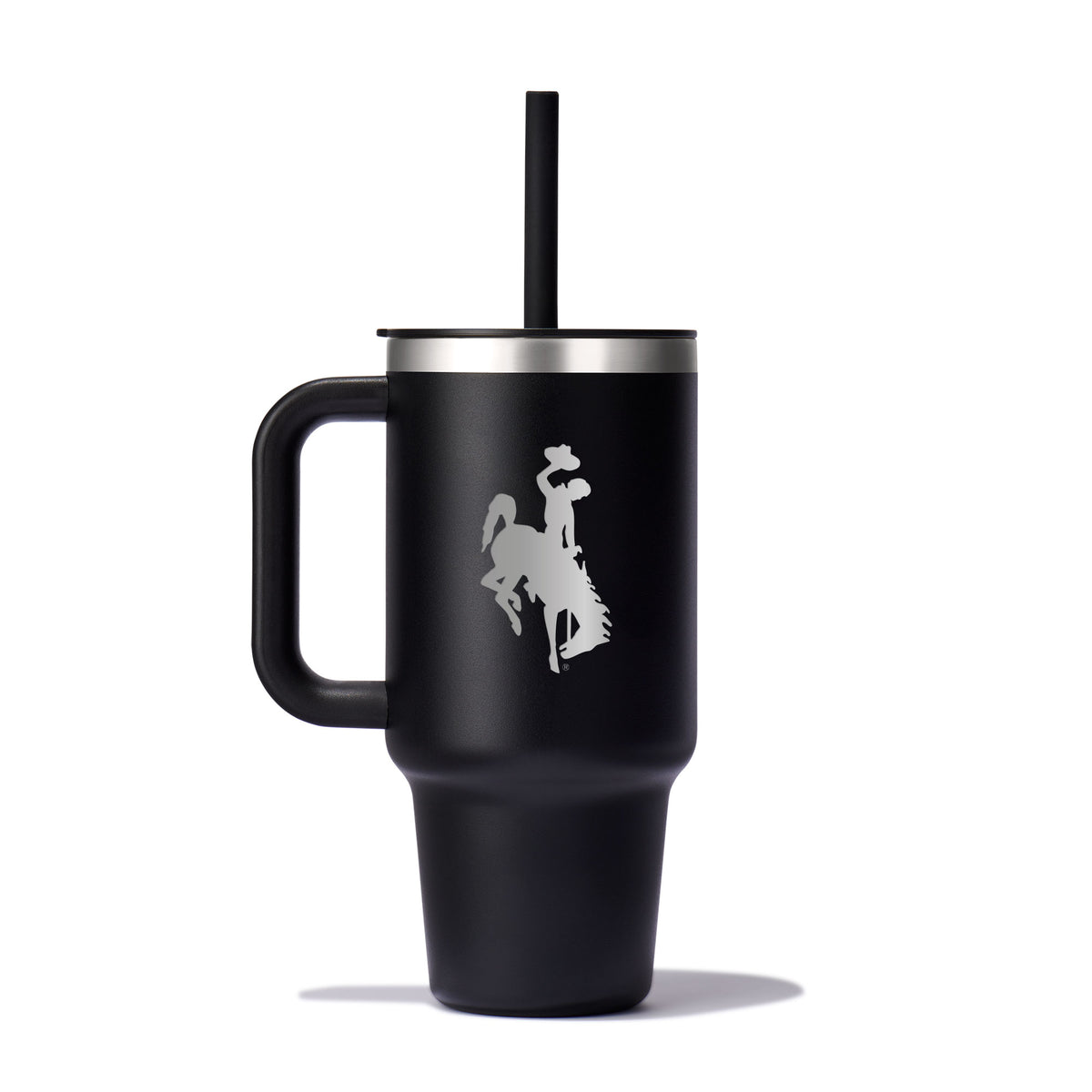 Black hydro flask tumbler with a handle and straw featuring a etched bucking horse logo on a white background