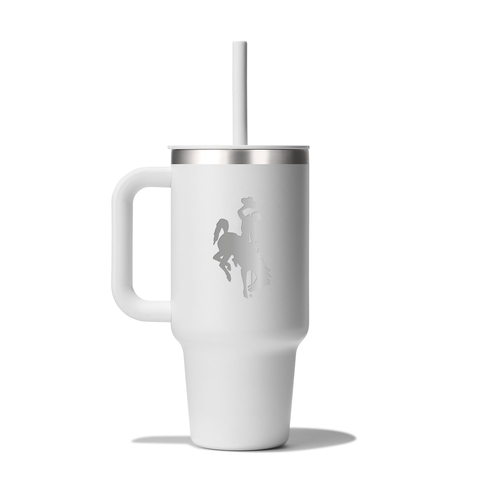 White hydro flask tumbler with a handle and straw, featuring a bucking horse logo etched on the side on a white background