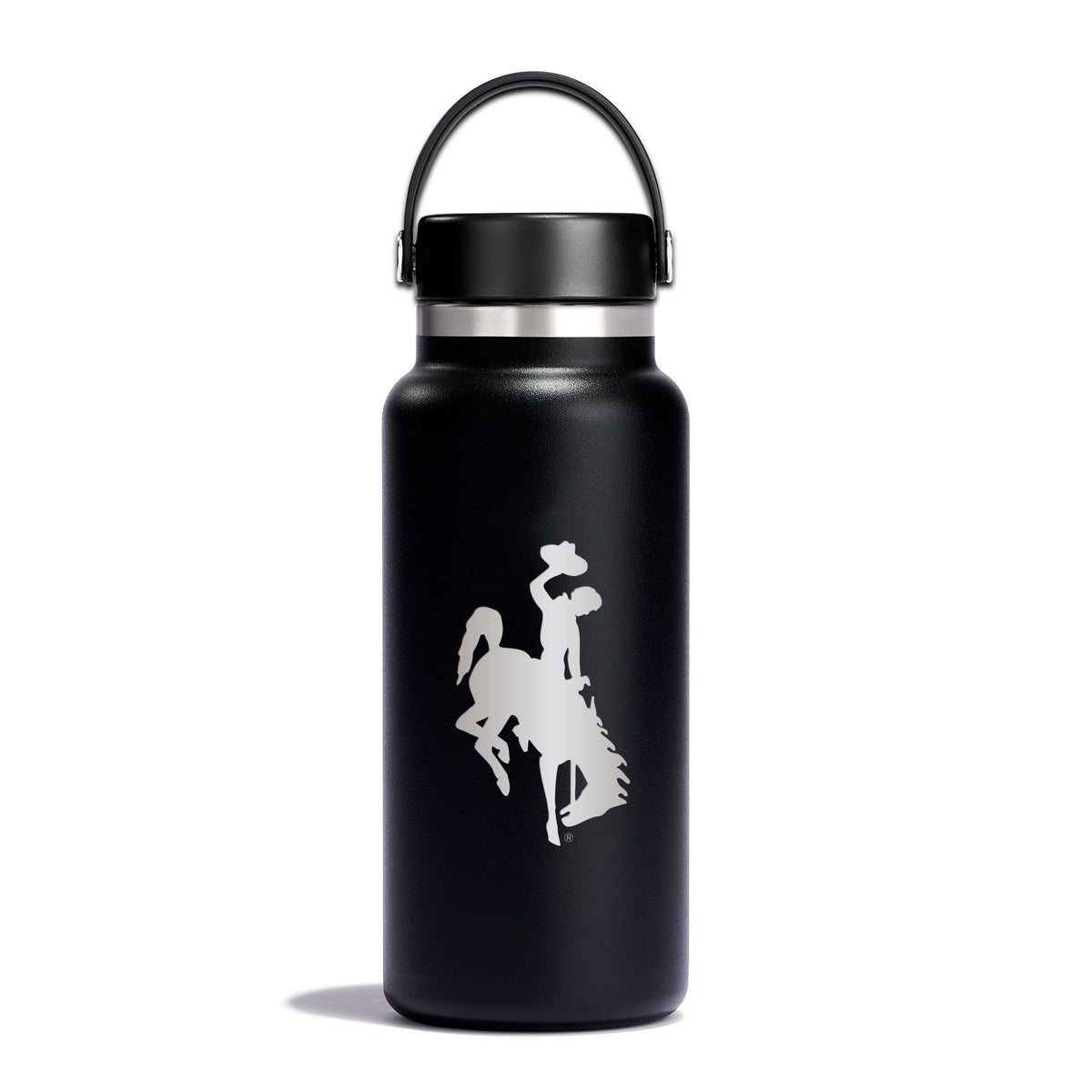 Black 32 ounce hydro flask water bottle with etched bucking horse logo on side