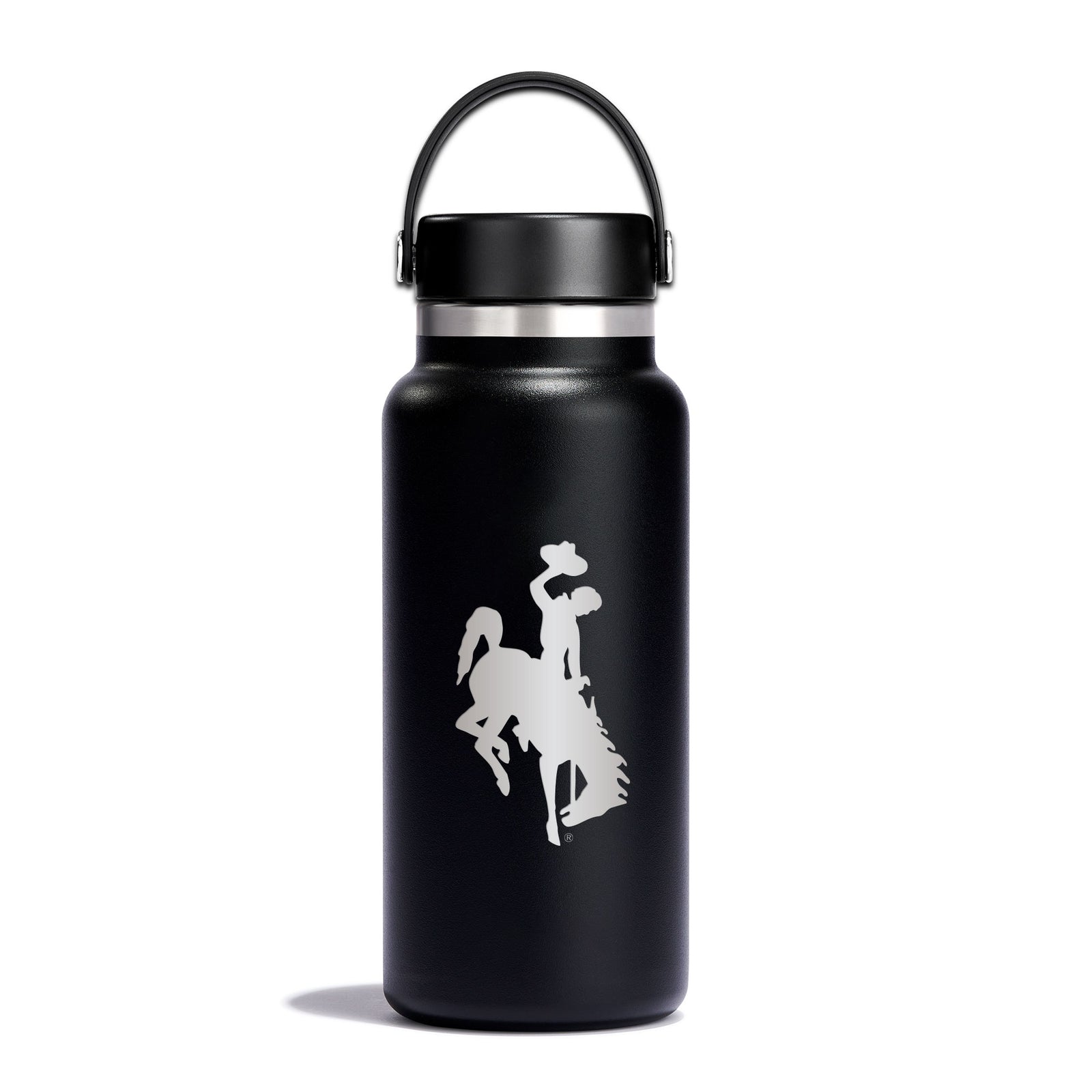 Black 32 ounce hydro flask water bottle with etched bucking horse logo on side