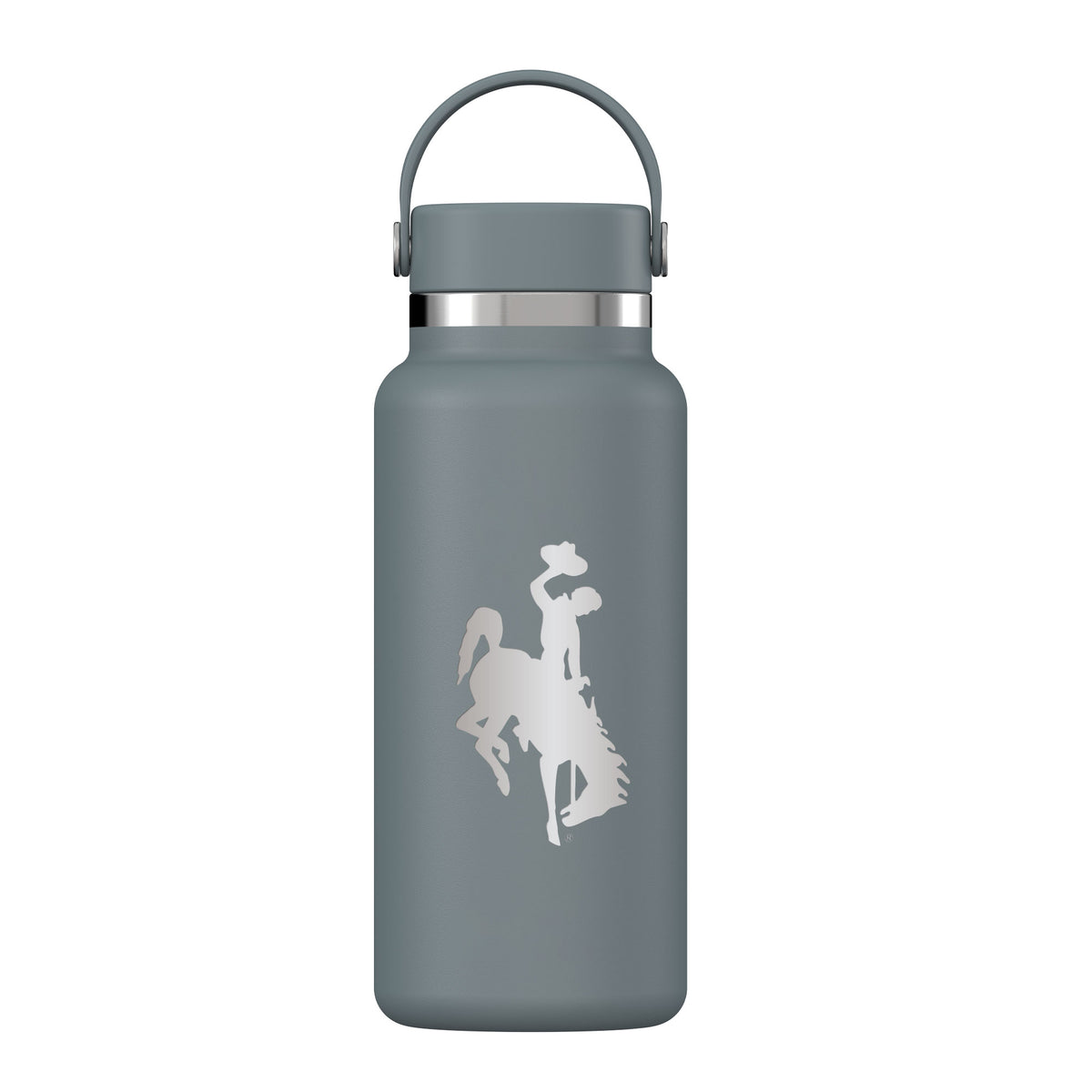 Gray 32 ounce hydro flask water bottle with a bucking horse logo etched pictured on a white background