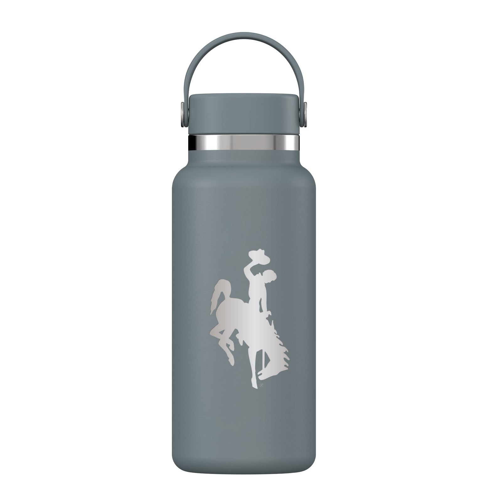 Gray 32 ounce hydro flask water bottle with a bucking horse logo etched pictured on a white background