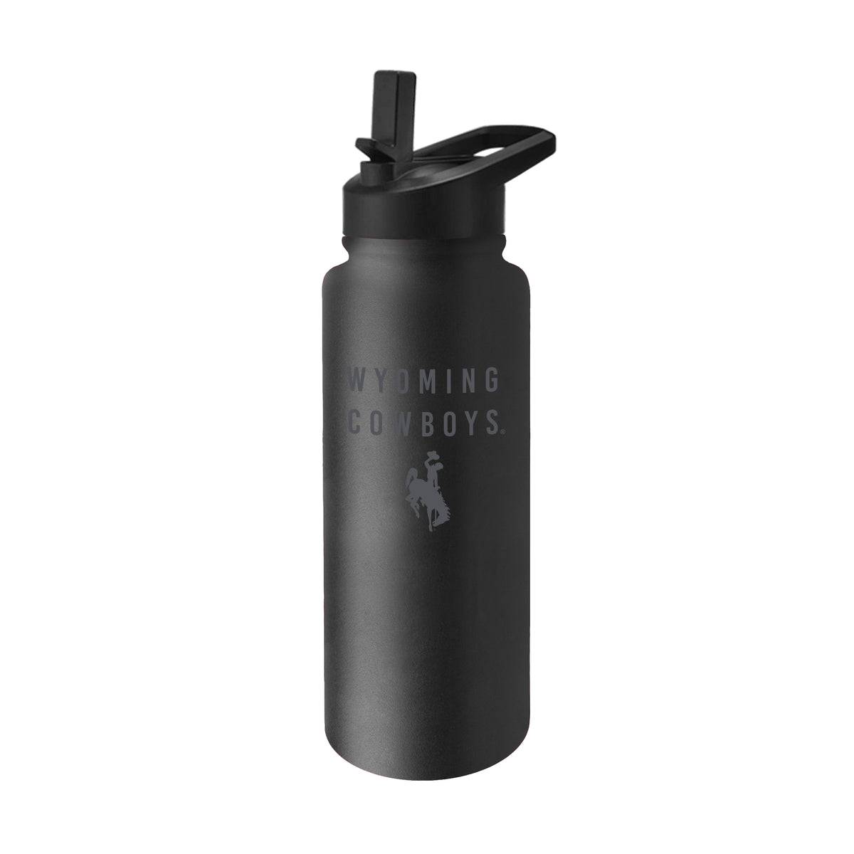 A matte black stainless steel water bottle with a flip-top lid, featuring the 'WYOMING COWBOYS' text and cowboy logo printed in a matching dark gray on the front, set against a plain white background.