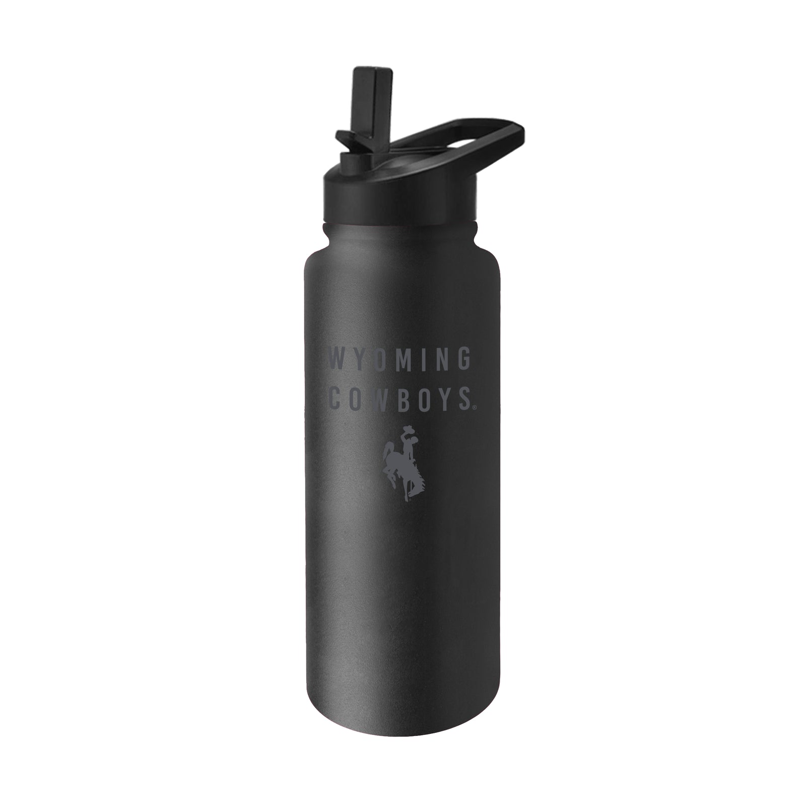 A matte black stainless steel water bottle with a flip-top lid, featuring the 'WYOMING COWBOYS' text and cowboy logo printed in a matching dark gray on the front, set against a plain white background.