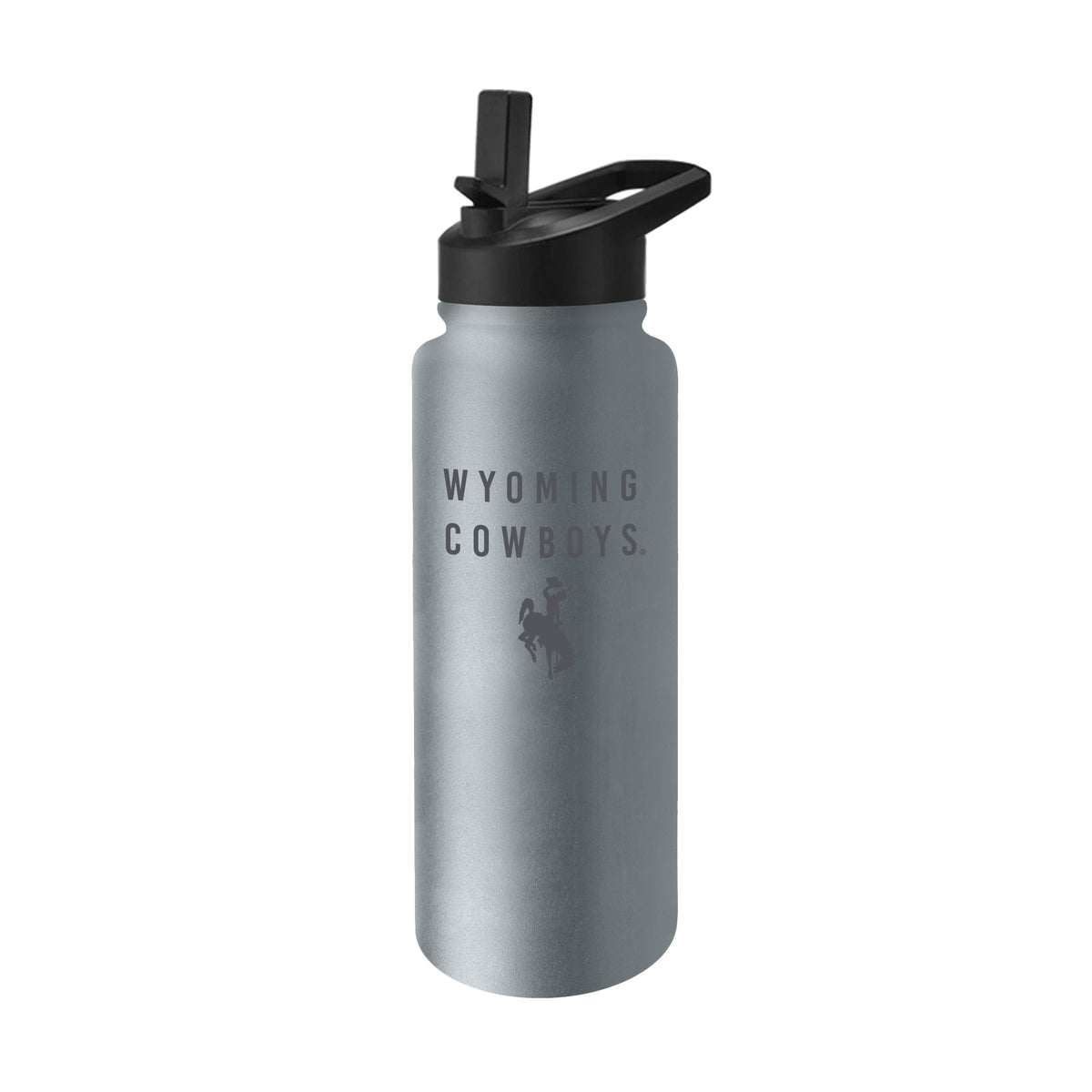 A silver stainless steel water bottle with a black lid, featuring the text 'WYOMING COWBOYS.' and a bucking horse silhouette printed on the front.