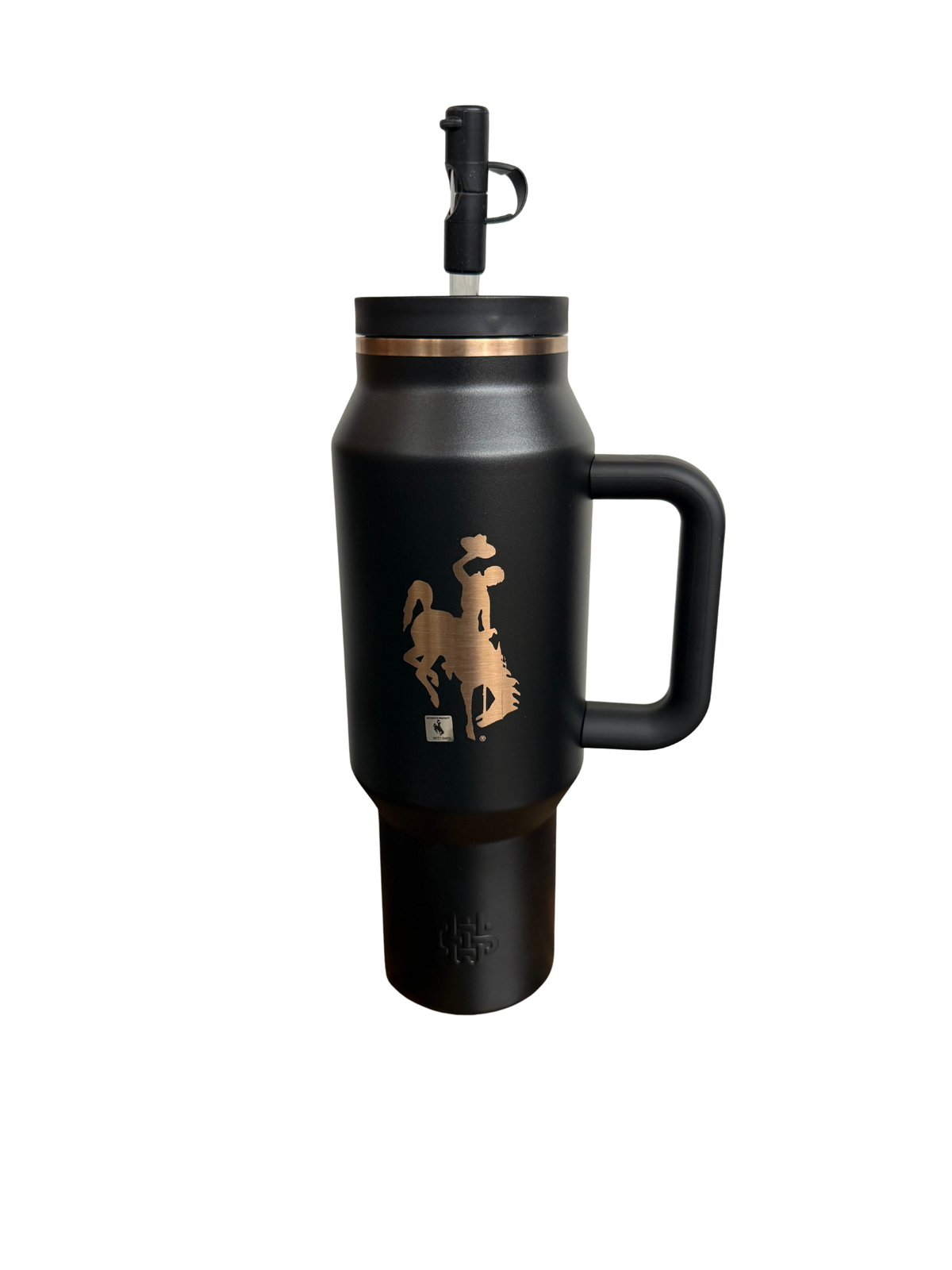 A matte black insulated travel tumbler with a handle, lid, and straw, featuring a gold-toned bucking horse logo on the front.