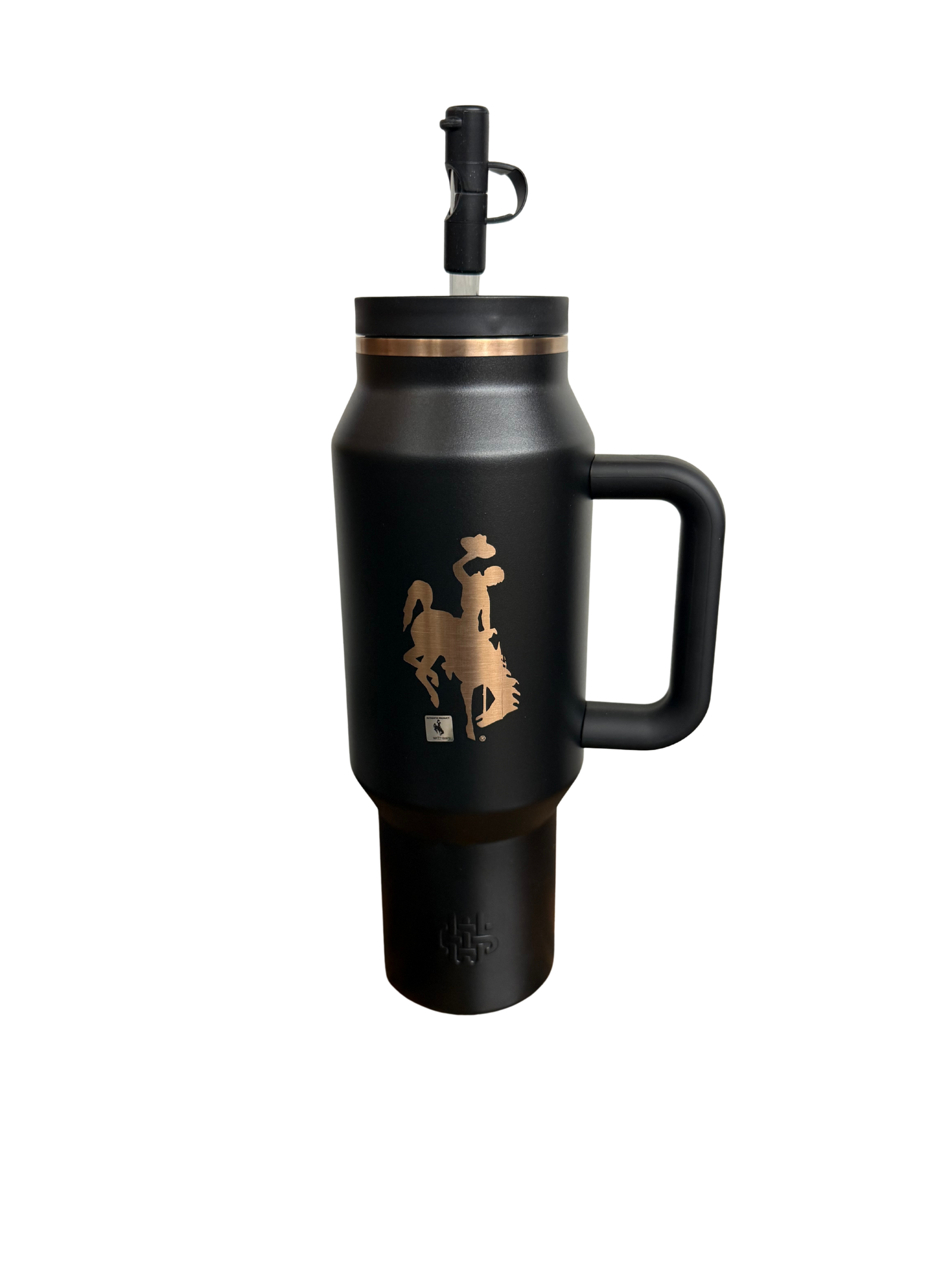 A matte black insulated travel tumbler with a handle, lid, and straw, featuring a gold-toned bucking horse logo on the front.