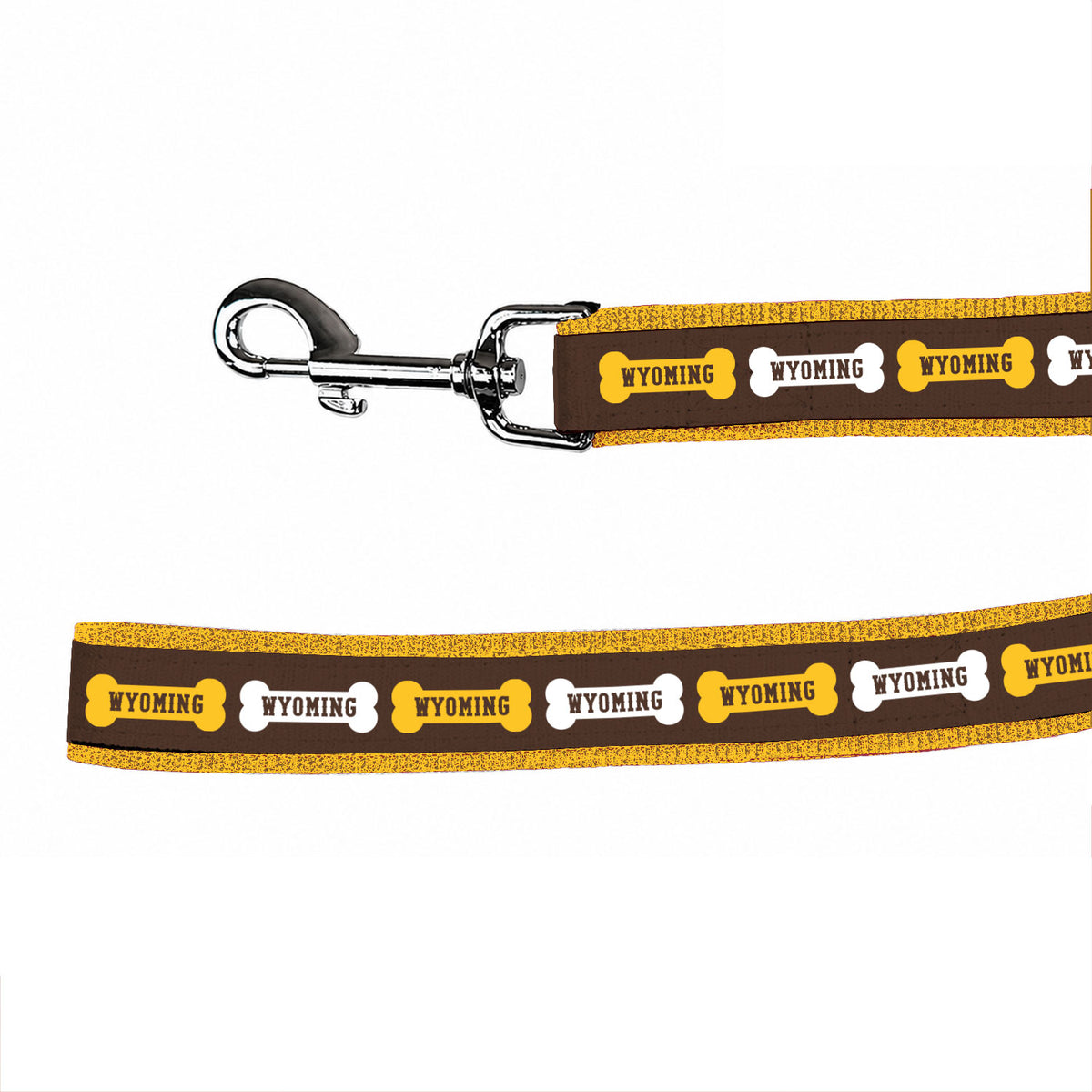 Brown dog leash with 'Wyoming' bone designs in gold and white alternating on leash.