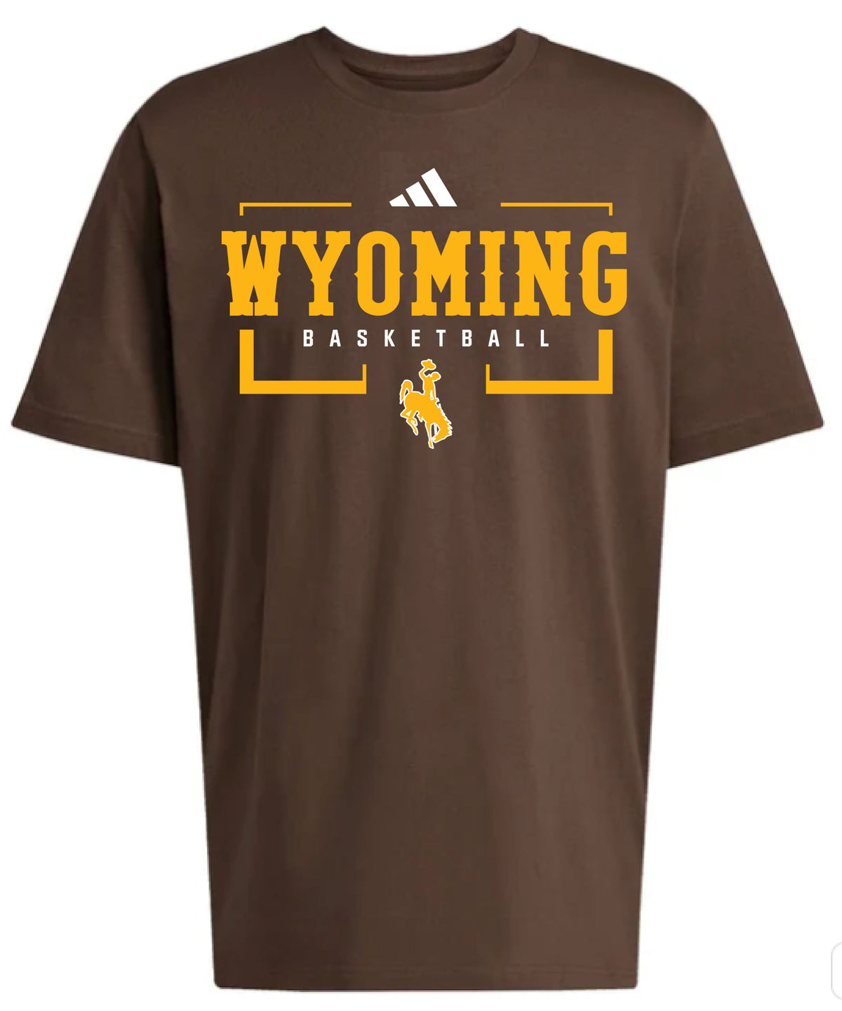 A brown short-sleeve crewneck t-shirt featuring a 'WYOMING BASKETBALL' graphic in yellow and white, with the Adidas logo above, on a plain white background.