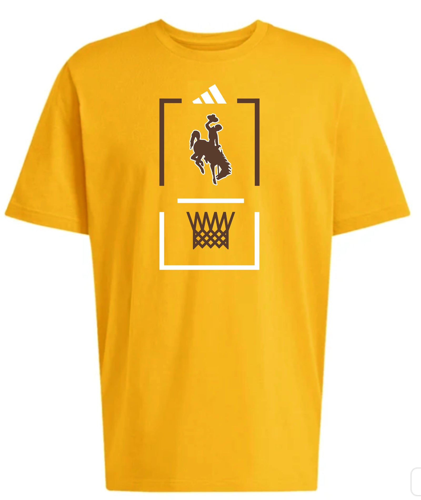 A yellow short-sleeve crewneck t-shirt featuring a front graphic of a cowboy riding a bucking horse above a basketball hoop, with the white Adidas logo at the top.