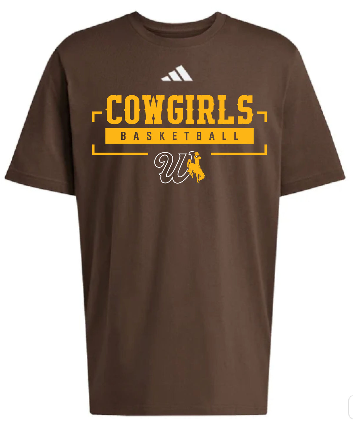 A brown short-sleeve crewneck t-shirt featuring a gold and white graphic that reads 'COWGIRLS BASKETBALL' with an Adidas logo above, displayed on a solid white background.