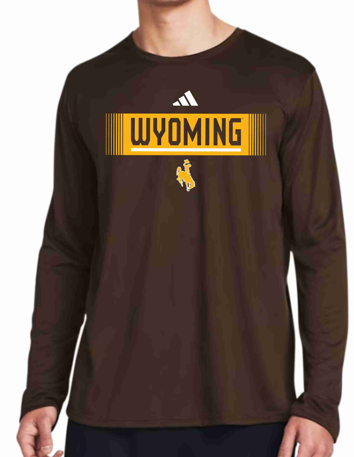 Model wearing brown adidas long sleeve with "wyoming" and a bucking horse logo on the front. Pictured on a white background.