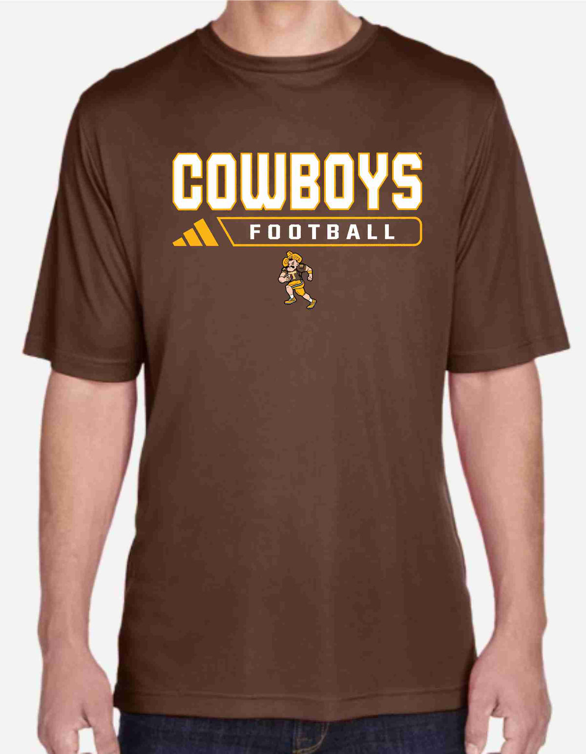 Picture of a model wearing a brown adidas long sleeve with 'cowboys football' on front and pistol pete logo playing football below.