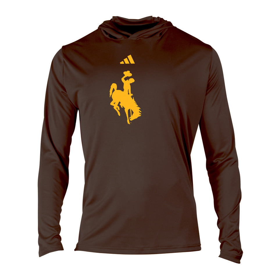 Brown adidas long sleeve hooded shirt. Has gold bucking horse logo center chest with adidas logo above. All pictured on a white background.