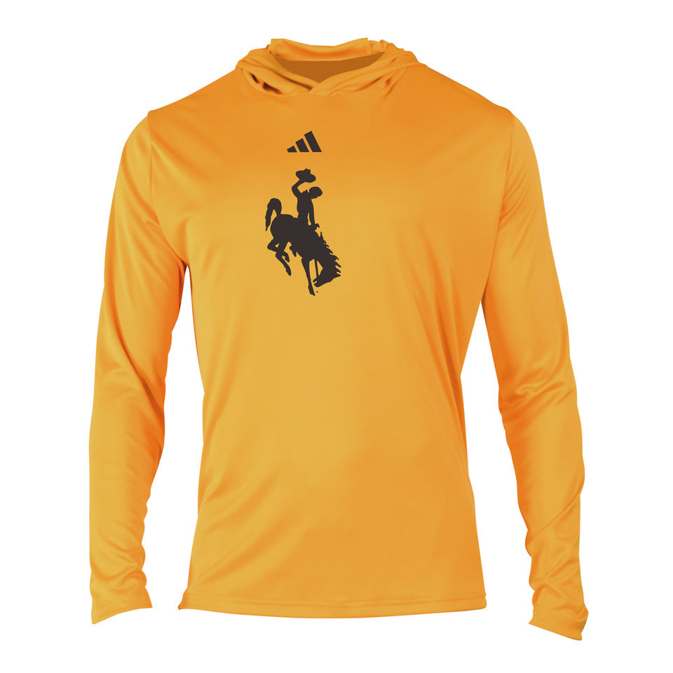 Gold adidas hooded long sleeve with brown bucking horse logo and adidas logo above all center chest. All pictured on a white background.