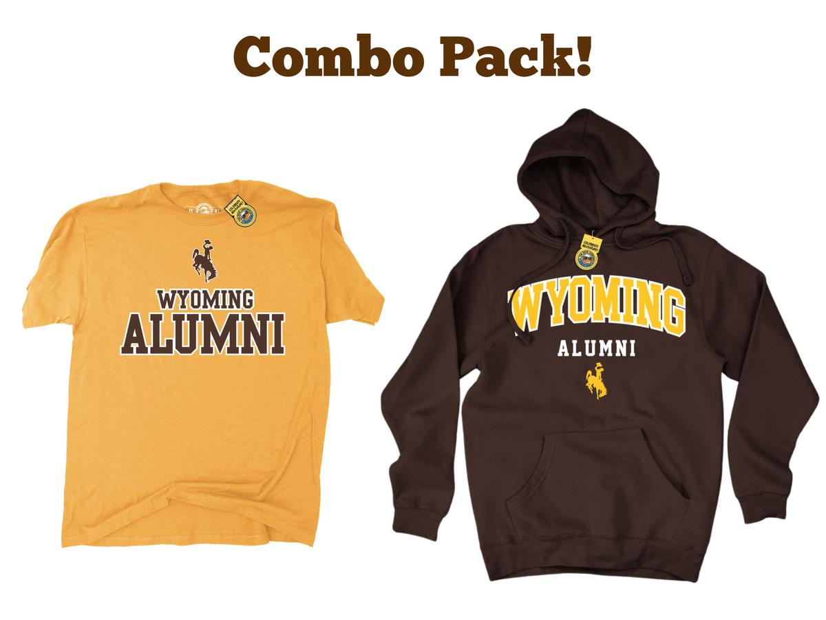 gold tee shirt and brown hood together with bucking horse, wyoming lettering, and alumni lettering on both center chests.