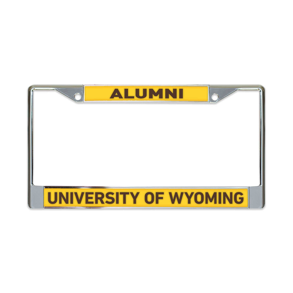 Chrome license plate frame with "Alumni" and 'university of wyoming' on it