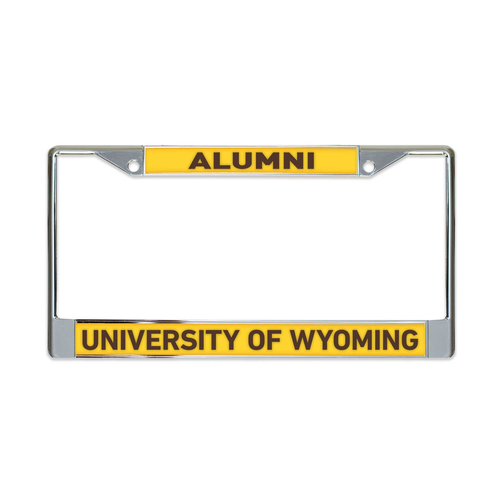 Chrome license plate frame with "Alumni" and 'university of wyoming' on it