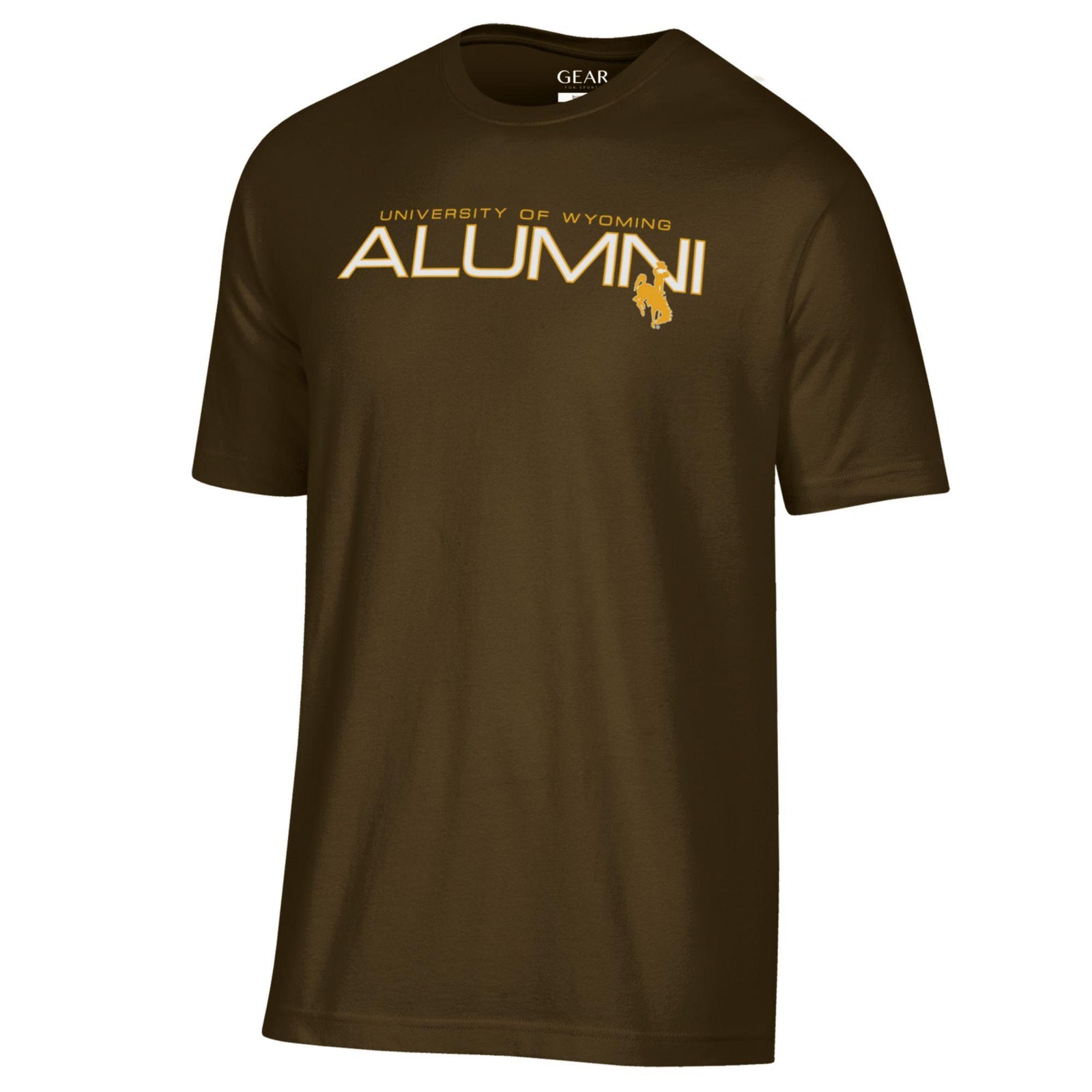 brown tee with "university of wyoming alumni" and logo in gold and white on center chest