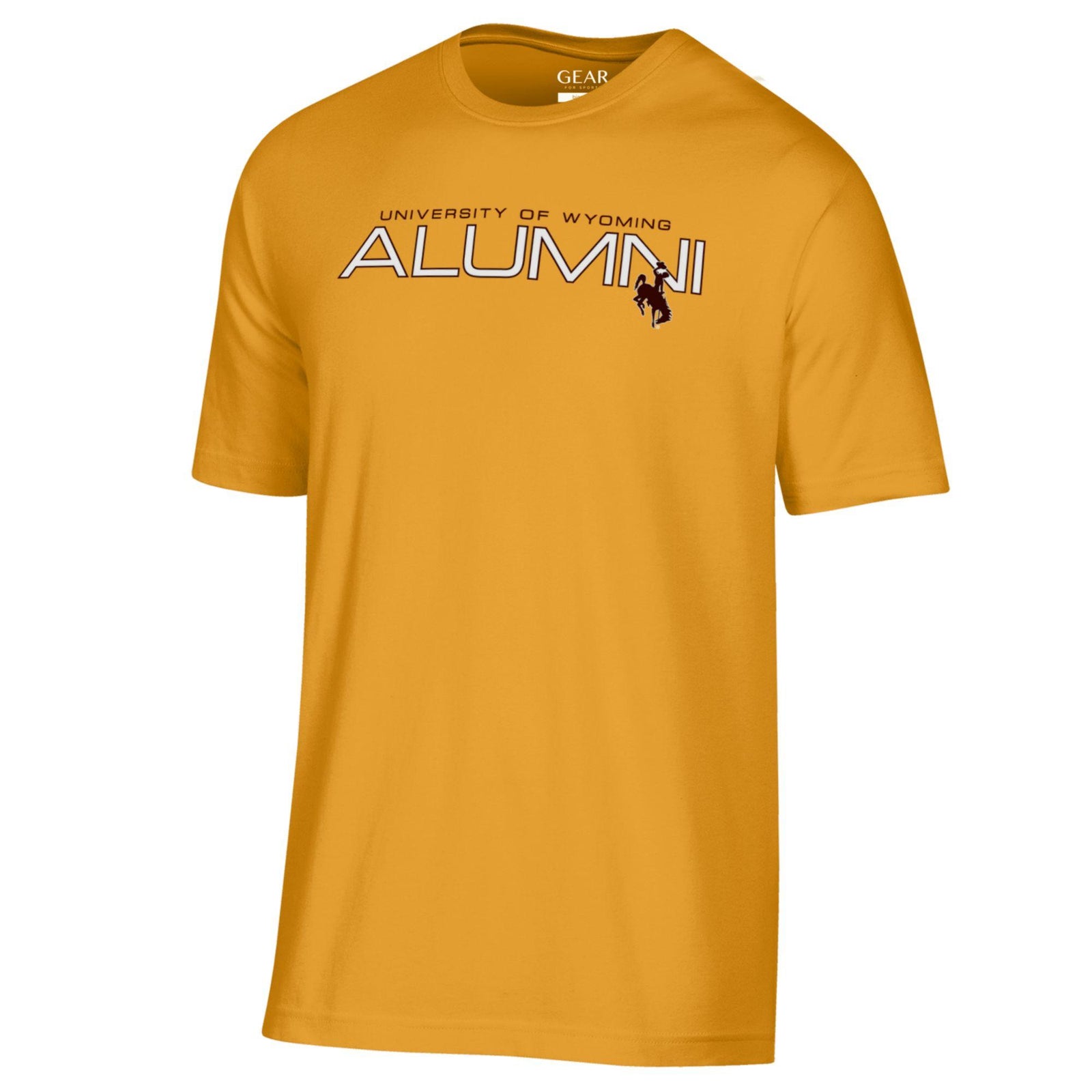 Yellow t-shirt with 'University of Wyoming Alumni' text and logo in white and brown
