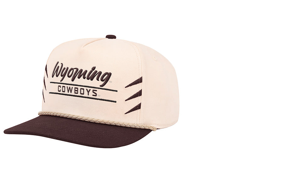 Natural colored hat with wyoming cowboys on front with fang look. Has brown brim and tan rope across. Pictured on a white background.