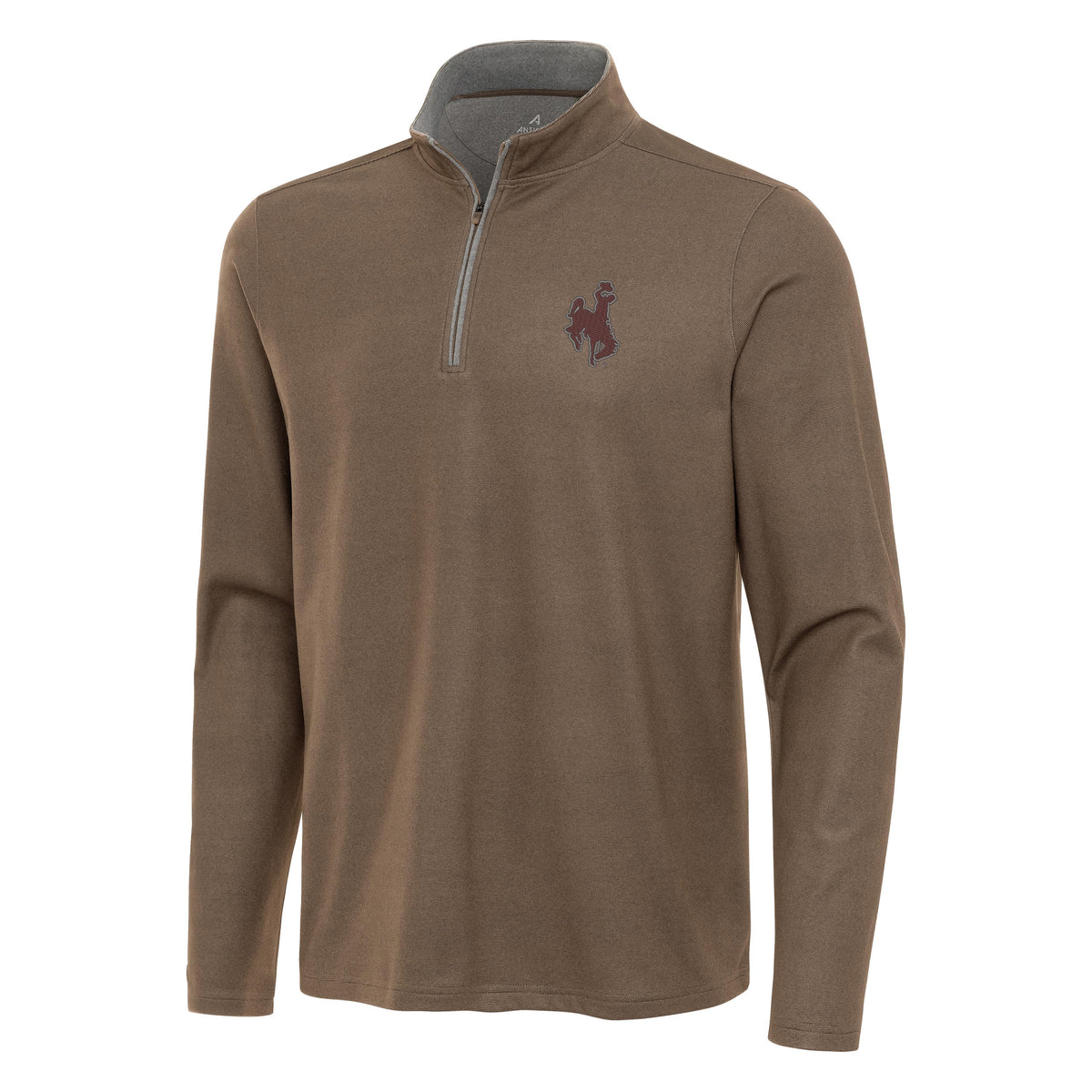 Brown 1/4 zip jacket with brown bucking horse on left chest and grey zipper. Pictured on a white background.