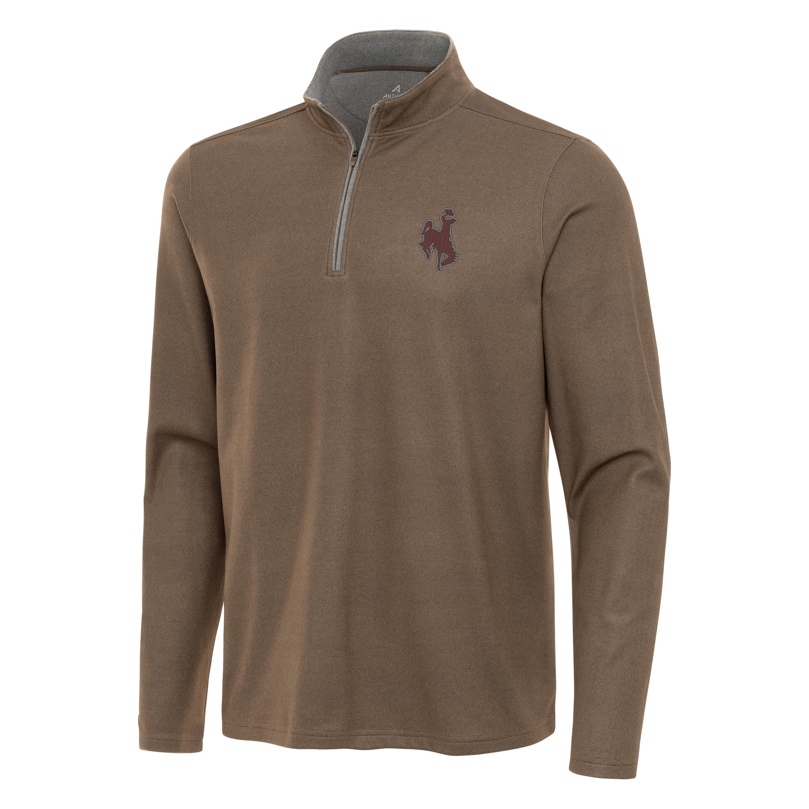 Brown 1/4 zip jacket with brown bucking horse on left chest and grey zipper. Pictured on a white background.
