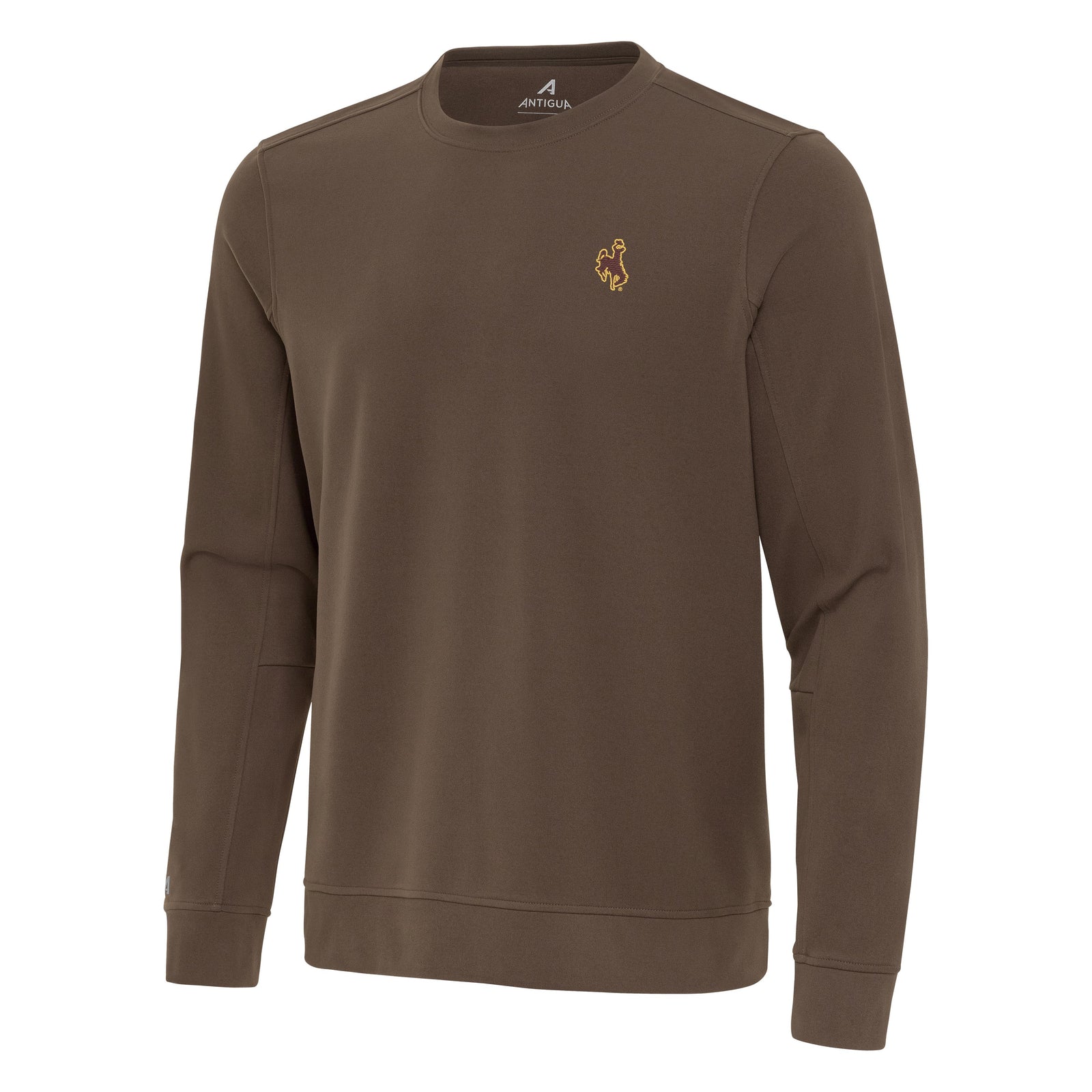 A brown long-sleeve crewneck sweatshirt with a small gold embroidered horse logo on the left chest, displayed on a clean white background.