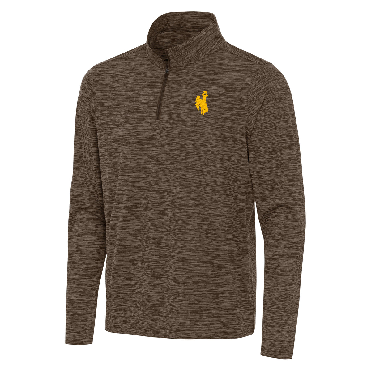 Brown 1/4 zip jacket with gold bucking horse on left chest and brown zipper. Pictured on a white backround.