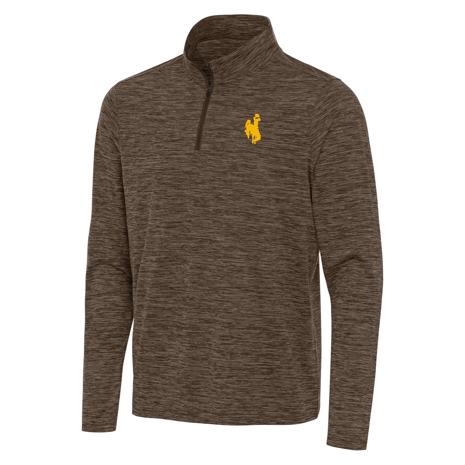 Brown 1/4 zip jacket with gold bucking horse on left chest and brown zipper. Pictured on a white backround.