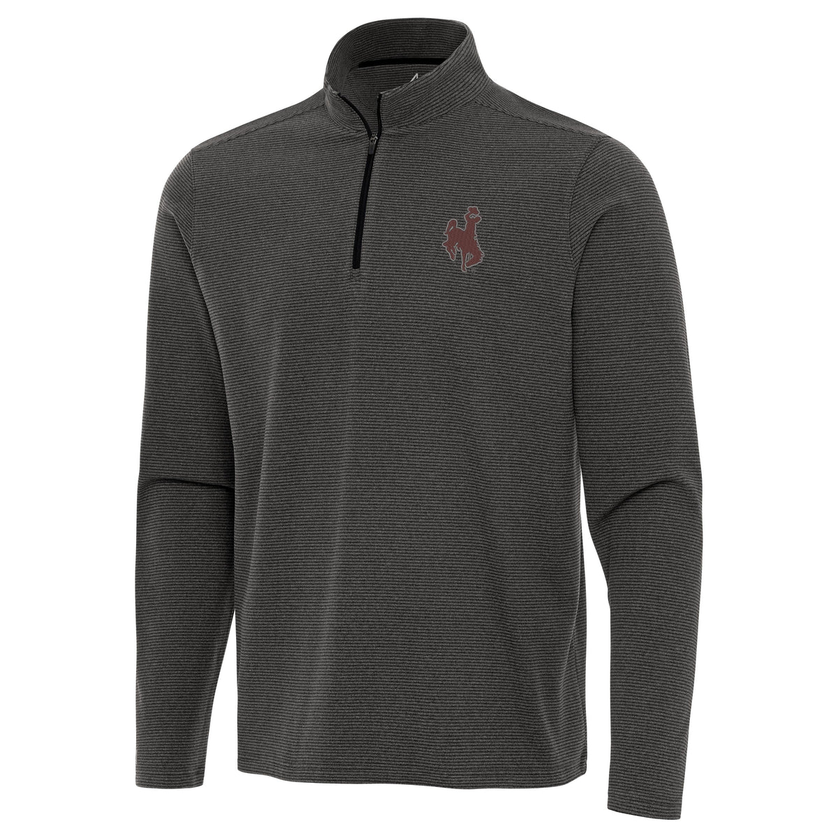 Charcoal antigua 1/4 ip with brown bucking horse on left chest and black zipper. Pictured on a white background.