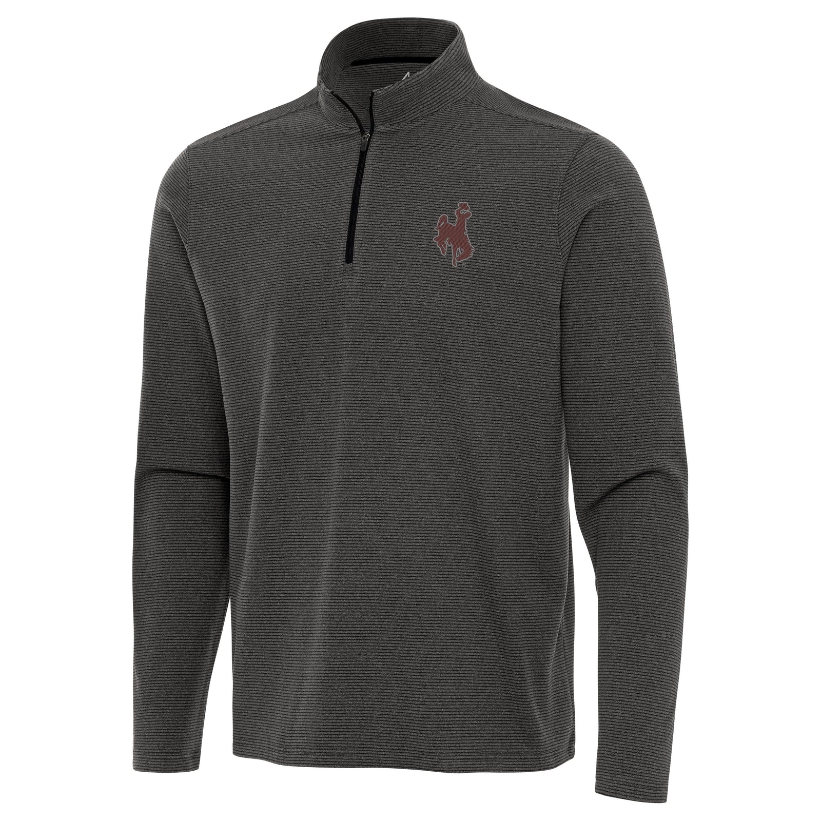 Charcoal antigua 1/4 ip with brown bucking horse on left chest and black zipper. Pictured on a white background.